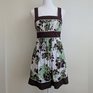 Y2K Green & Brown Floral Babydoll Mini Sun Dress Cotton Tie waist Size S